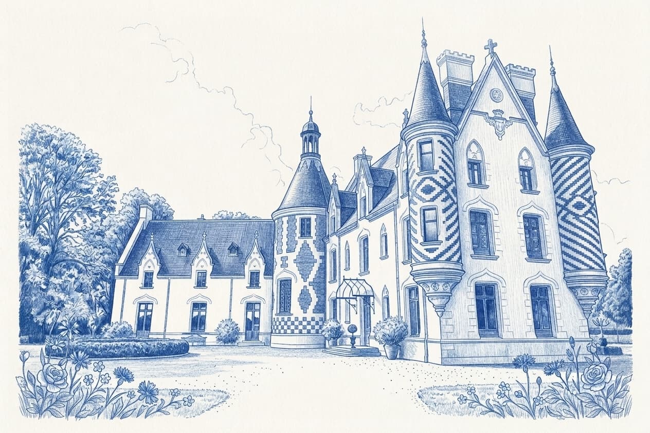 Illustration à l'encre bleue du Château St-Cyr-du-Gault